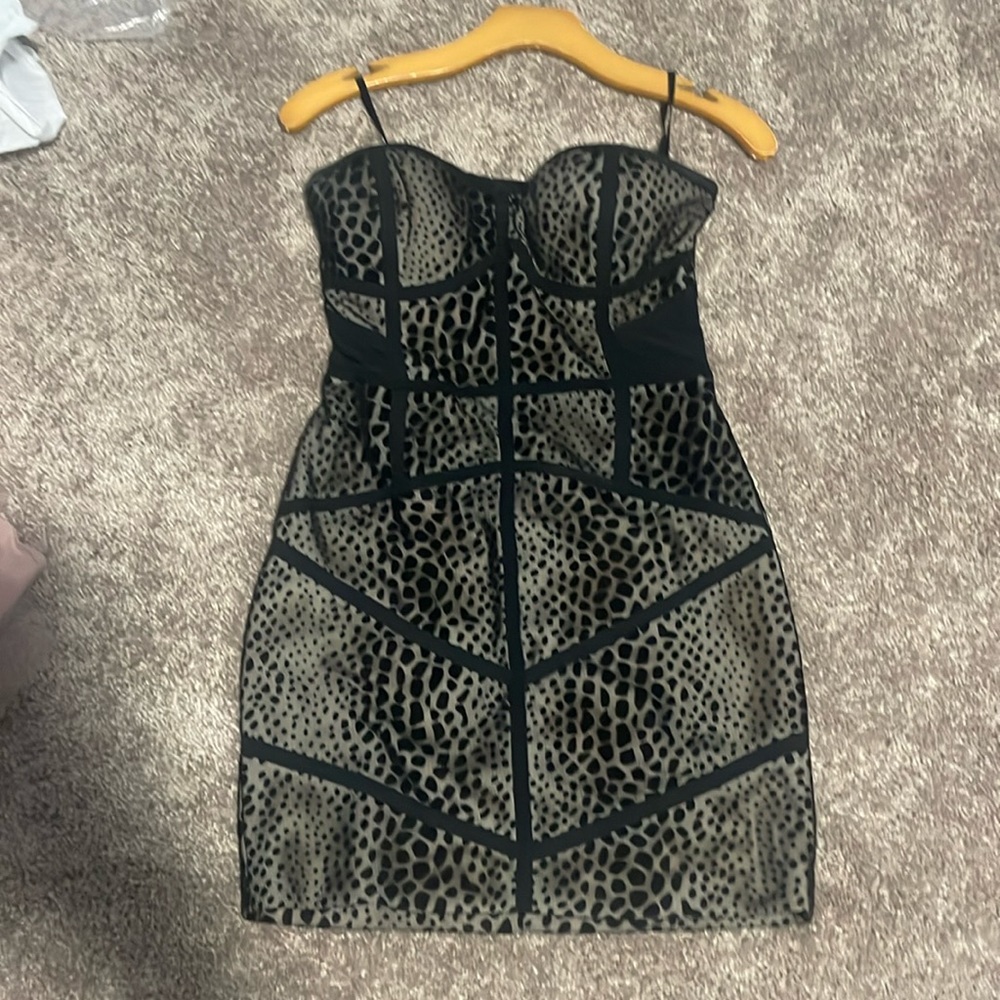 Bebe sheer/velvet mini, strapless dress. Worn once. No rips or tears!